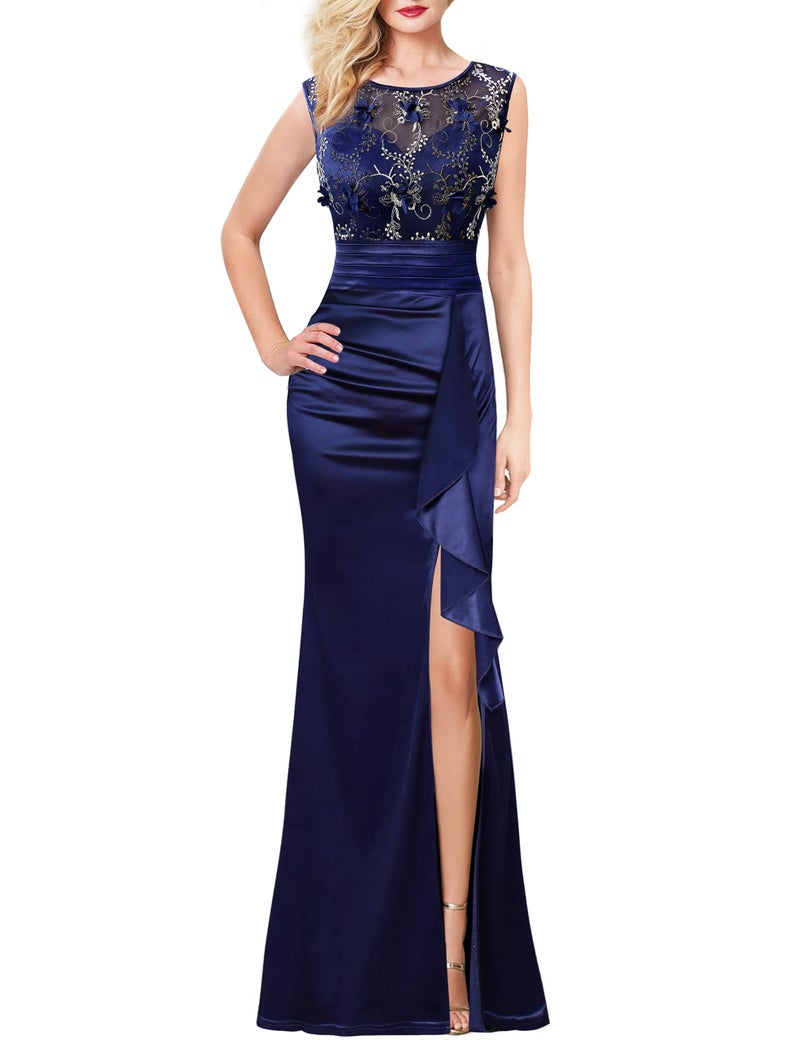 VFSHOW Womens Blue Floral Embroidered Formal Ruched Ruffles High Split Evening Gown Prom Wedding Party Maxi Long Dress 3708 BLU L - Image 1
